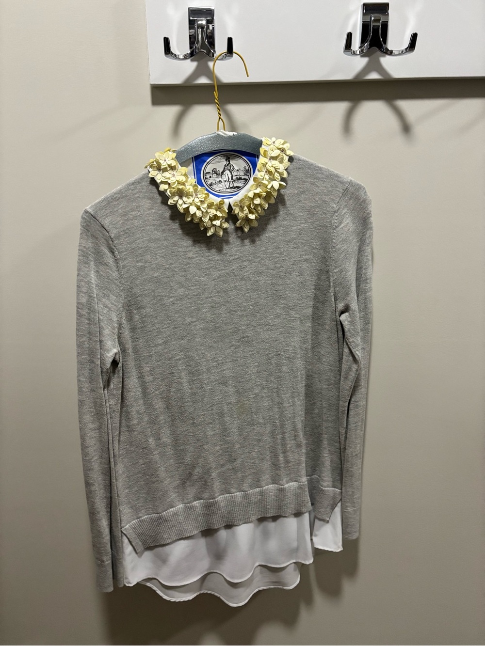 Ted Baker Light Gray Layered Hem Sweater with Cream Floral Collar